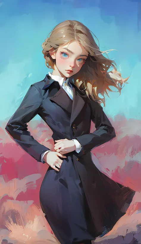 (Best Quality, Masterpiece), 1girl, a painting of a woman in a black dress and coat, beautiful character painting, girl in a suit, elegant digital art, in the art style of Bovotte, drawn in the studio of anime painter, girl in suit, produced with anime-pai...