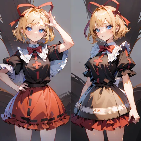Masterpiece: 1.6, best quality: 1.4, live image: 1.2, intricate details: 1.2, charturnerv2: 1.2, 1lady full body character change, Appearance: young: 1.25, thin: 1.3, blue eyes, medium breasts, detailed eyes, quality eyes, Clothing: black shirt, red skirt,...