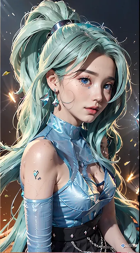 Sky, Field, Wheat, K/Da All Out Seraphine, League of Legends, K/Da  (League of Legends), 1Girl, Solo, Aqua Green Hair, Gradient Hair, Blue Eyes, Lips, Long Hair, Long Ponytail, Ponytail, Earrings, Jewelry, Armbands, Bracelet, Ice Wings, Blue Dress, Layered...