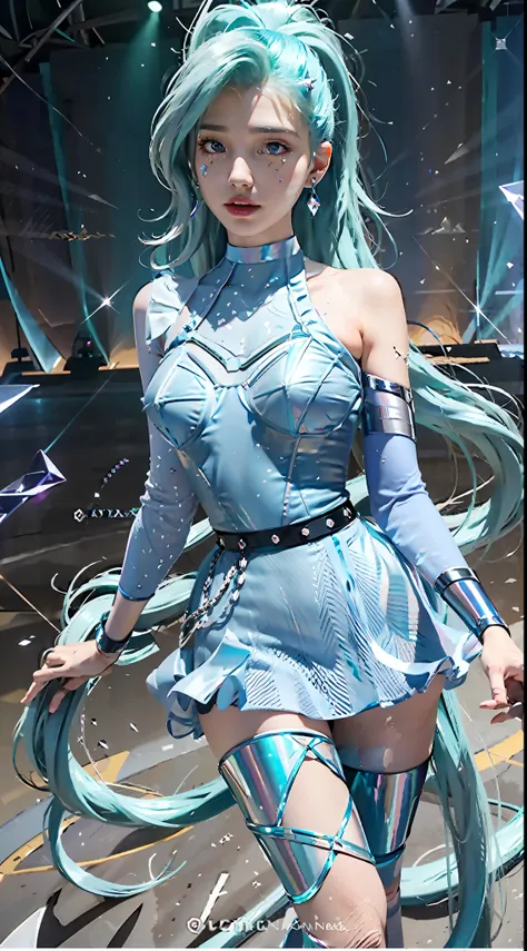 Sky, Field, Wheat, K/Da All Out Seraphine), League of Legends, K/Da  (League of Legends), 1Girl, Solo, Aqua Green Hair, Gradient Hair, Blue Eyes, Lips, Long Hair, Long Ponytail, Ponytail, Earrings, Jewelry, Armbands, Bracelet, Ice Wings, Blue Dress, Layere...