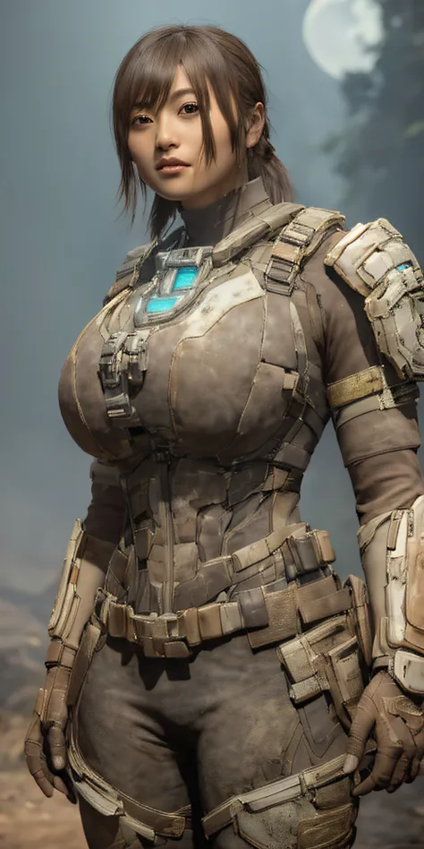 1 girl in dead space suit without helmet stands imposing in a USG Ishimura. (gigantic breasts:1.2), perfect body: 1.4, Slim abdomen: 1.3 , Moonlight highlights your muscles and scars. The scenery is lush and mysterious, with futuristic tech and surrounding...