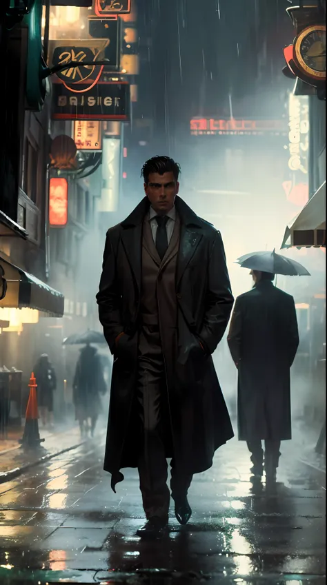 realistic style, hyper-detailed, highly immersive vertical scene, a well-dressed lone man walking through the rain-slicked stree...