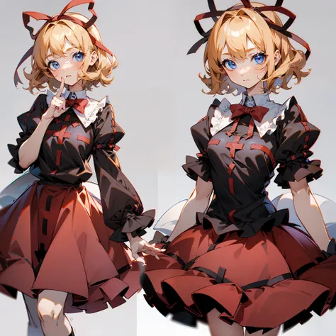Masterpiece: 1.6, best quality: 1.4, live image: 1.2, intricate details: 1.2, charturnerv2: 1.2, 1lady full body character change, Appearance: young: 1.25, thin: 1.3, blue eyes, medium breasts, detailed eyes, quality eyes, Clothing: black shirt, red skirt,...