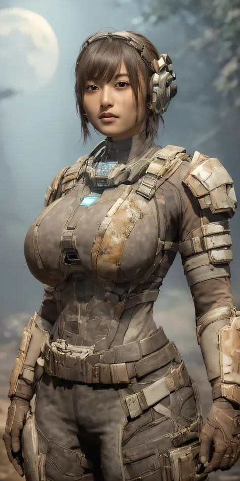 1 girl in dead space suit without helmet stands imposing in a USG Ishimura. (gigantic breasts:1.2), perfect body: 1.4, Slim abdomen: 1.3 , Moonlight highlights your muscles and scars. The scenery is lush and mysterious, with futuristic tech and surrounding...