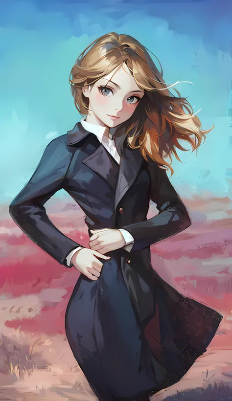(Best Quality, Masterpiece), 1girl, a painting of a woman in a black dress and coat, beautiful character painting, girl in a suit, elegant digital art, in the art style of Bovotte, drawn in the studio of anime painter, girl in suit, produced with anime-pai...