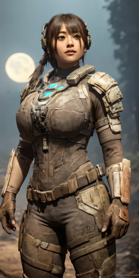 1 girl in dead space suit without helmet stands imposing in a USG Ishimura. (gigantic breasts:1.2), perfect body: 1.4, Slim abdomen: 1.3 , Moonlight highlights your muscles and scars. The scenery is lush and mysterious, with futuristic tech and surrounding...