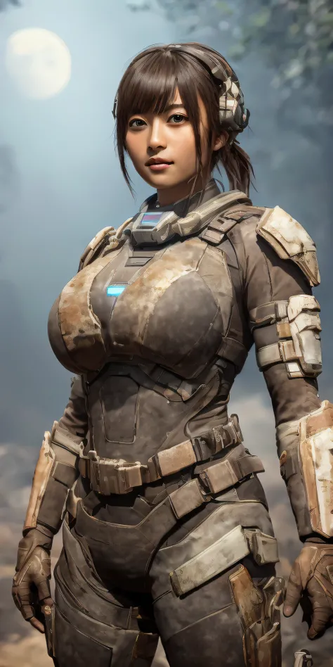 1 girl in dead space suit without helmet stands imposing in a USG Ishimura. (gigantic breasts:1.2), perfect body: 1.4, Slim abdomen: 1.3 , Moonlight highlights your muscles and scars. The scenery is lush and mysterious, with futuristic tech and surrounding...