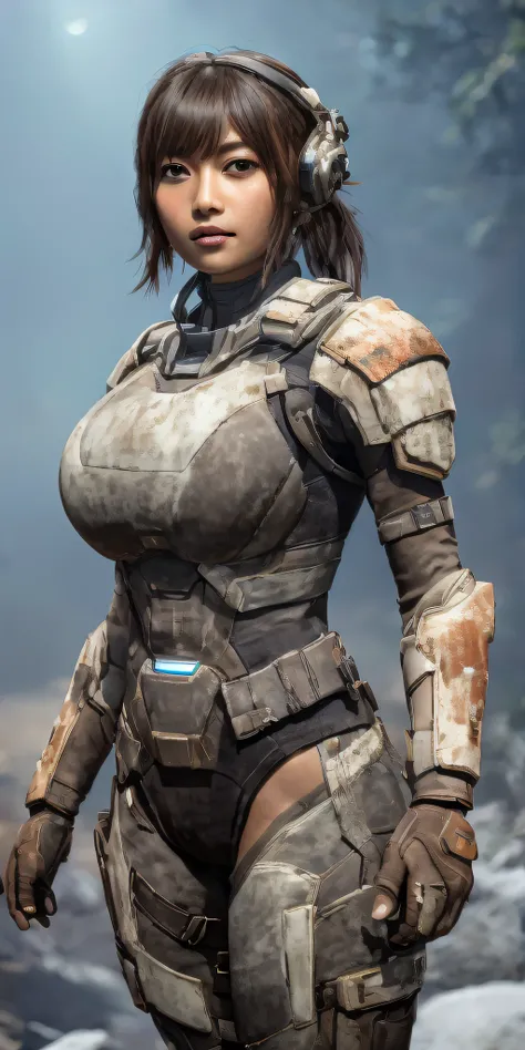1 girl in dead space suit without helmet stands imposing in a USG Ishimura. (gigantic breasts:1.2), perfect body: 1.4, Slim abdomen: 1.3 , Moonlight highlights your muscles and scars. The scenery is lush and mysterious, with futuristic tech and surrounding...