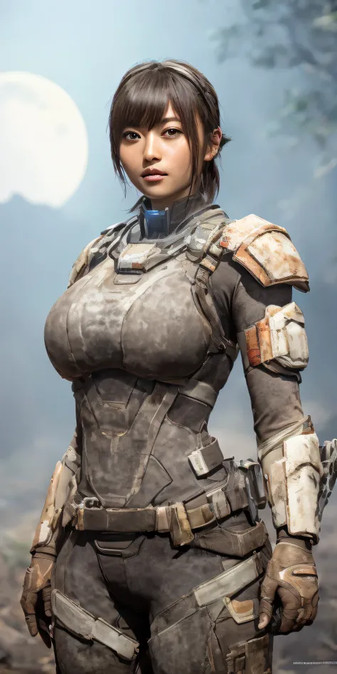 1 girl in dead space suit without helmet stands imposing in a USG Ishimura. (gigantic breasts:1.2), perfect body: 1.4, Slim abdomen: 1.3 , Moonlight highlights your muscles and scars. The scenery is lush and mysterious, with futuristic tech and surrounding...