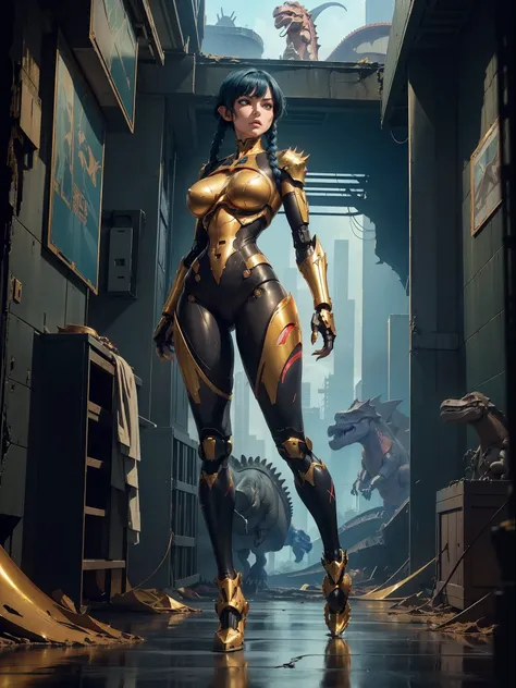 ((full body):1.5) (({1/woman}):1.2). only {1/woman}:((wearing black mecha with golden parts, extremely tight on the body):1.2). ...