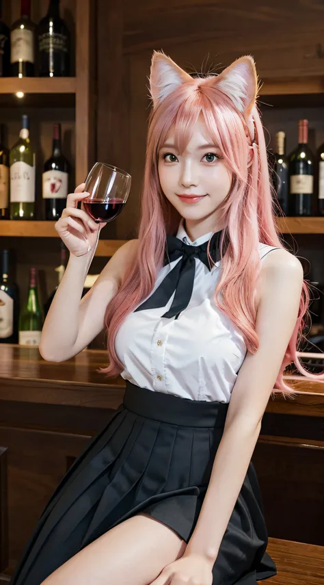 league of legends fox, super fine face, anime cat face, detailed eyes, pleated skirt, smile, holding a red wine glass, sitting a...