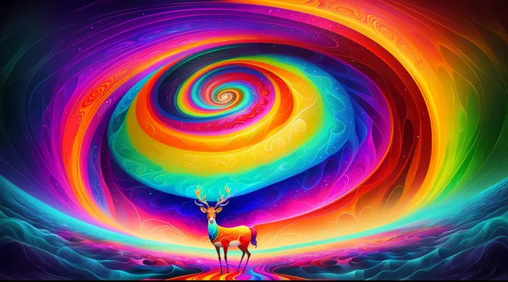 (Psychedelic painting of a deer standing in front of a colorful swirl), ((multi-slit big antlers, stag, big head)), light and shadow, waves, multi-layered, foreground, distant view, fractal Thunder Dan Mumford, Dan Mount Ford and Alex Gray style, psychedel...