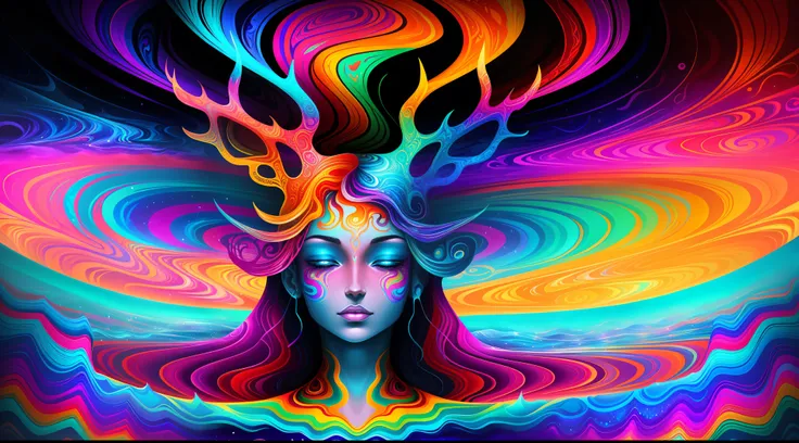 (psychedelic painting of a deer standing in front of a colorful swirl), ((multi-slit big antlers, stag, big head)), light and sh...