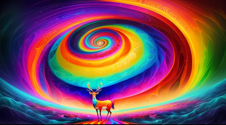 (psychedelic painting of a deer standing in front of a colorful swirl), ((multi-slit big antlers, stag, big head)), light and sh...