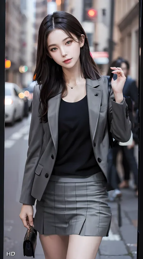 wear a gray business jacket and a gray business skirt,