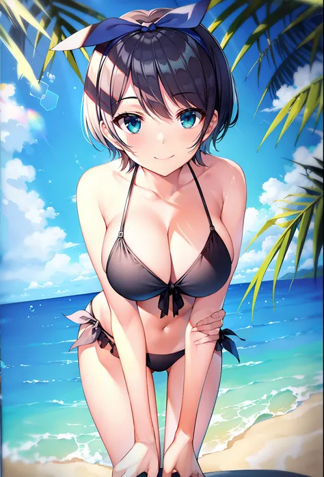 (masterpiece, best quality, 8k, highres:1.2), 1girl, bikini, beach, shy smile, troubled eyebrows, leaning forward,