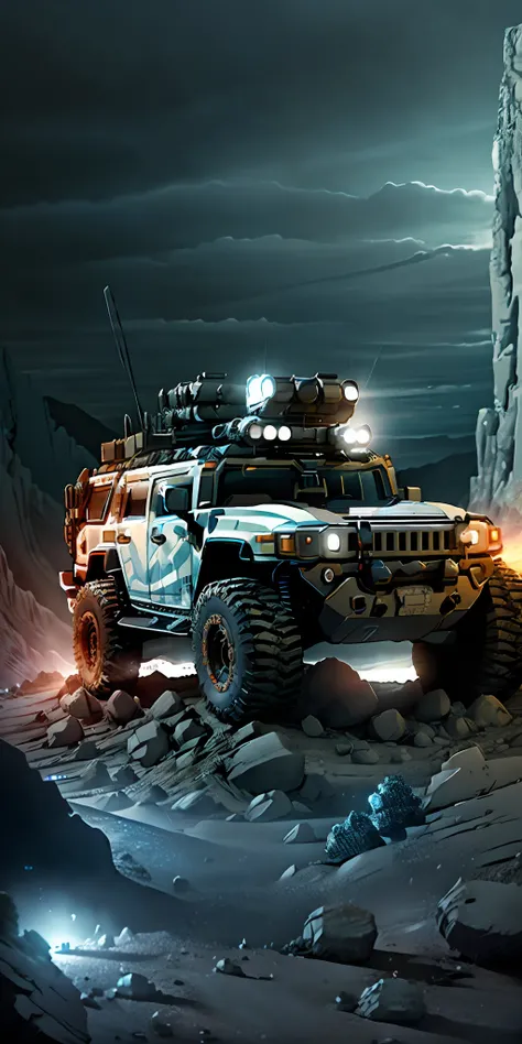 hh3, vehicle focus, no humans, cloud, sky, outdoors, night, rock