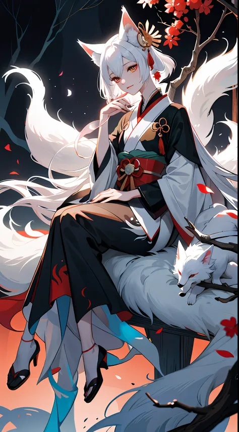 drawing of a fox with white hair sitting on a branch, ethereal fox, nine-tailed fox, fox three-tailed fox, onmyoji detailed art,...