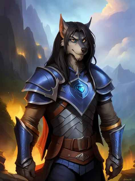 a beautiful and detailed portrait of a male anthro paladin wolf, arthas menethil, aragorn, anduin, kenket, bonifasko, ross tran,...