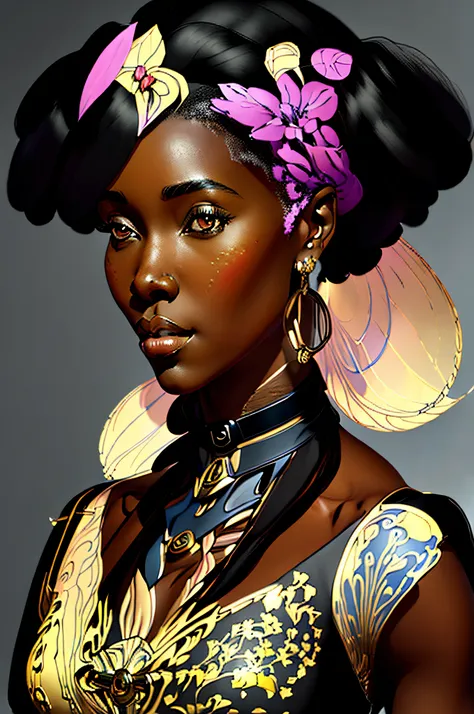 a digital illustration of black african woman in the style of art nouveau, steampunk, anime, pretty face, large scale, realistic...