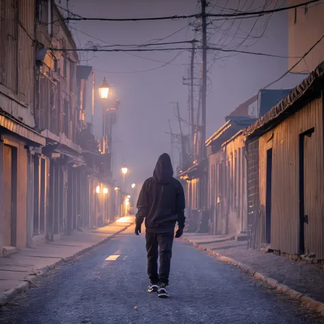 black sweatshirt, black gloves, ear cap, back, walking on the dark night road. --auto --s2