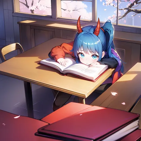 (Masterpiece quality) Original character Avakuma, (ranked #1 on Pixiv), with striking design, intricate details, dynamic pose, (1 girl), bold use of color, (bright red horns, aqua blue hair, navy blue school uniform, blushing cheeks), engaging expression, ...