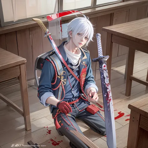 an anime boy in the classroom has white hair and blood stains on his face and holds a sword in his hand