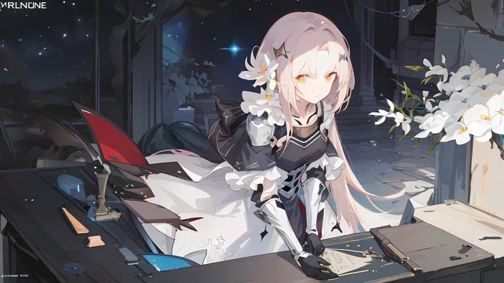 Anime girl long hair, from the night of the ark, fine details. (1girl:1.5+female_character:0.8+sit:1.2+rubble+Arknight, Girls Frontline: 1.2, highly detailed), (Arknight: 1.2, Girls Frontline: 1.2, feminine aesthetic), style shadow universe, scene in the u...
