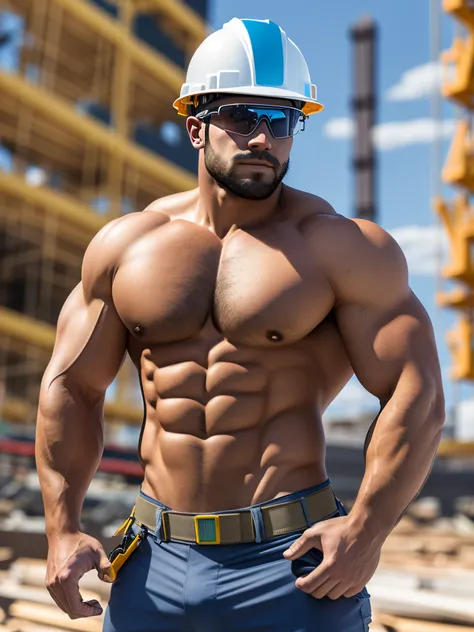 instagram photo, construction worker (five o'oclock shadow, manscaped) wearing a detailed hardhat, super buff and cool (perfect ...