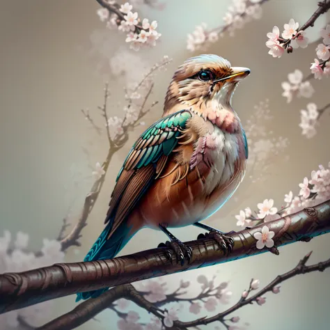 "1 sparrow bird with open wings flying, cherry blossom, wings open, wings spread upwards, masterpiece of superior quality, offic...