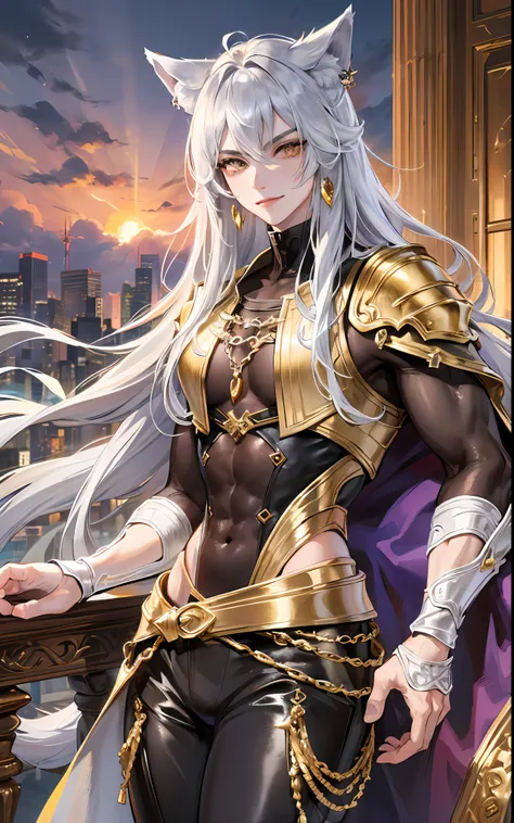 man, masculine, masculine face, attractive, muscular, ((1man)), masterpiece, absurdres, best quality ,intricate details , (shiny skin, shiny body, shiny oily luster skin, shiny hair, pale skintone), Sundown, attractive, ((muscular)), adult, one,medieval cl...