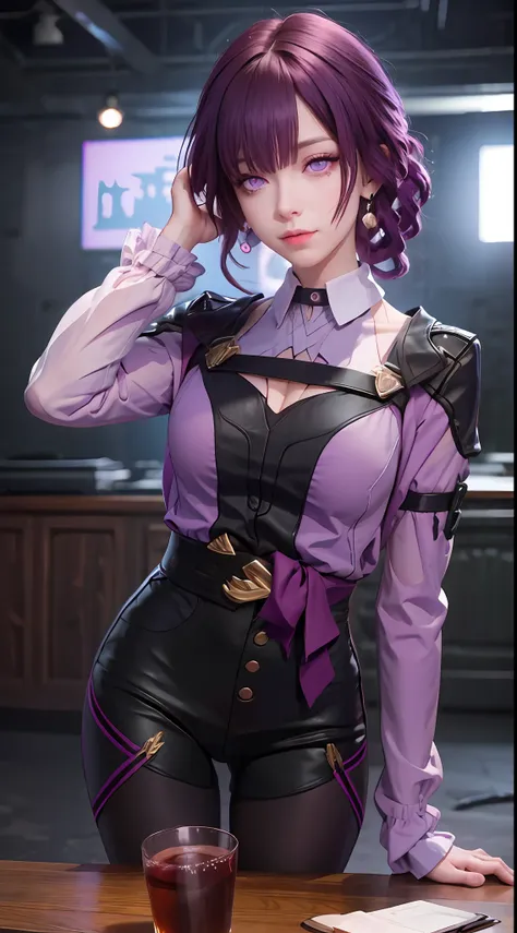 hands behind her back, masterpiece, best quality, 1girl, official, purple eyes, purple hair, busty, cowboy shot, looking at the ...