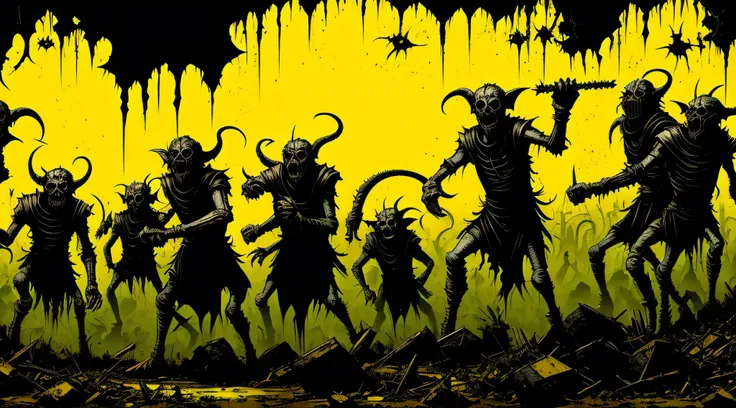 yellow and black, a medieval horde of deformed goblins, in the style of mork borg, strong contrast, grunge dirty punk splash art...