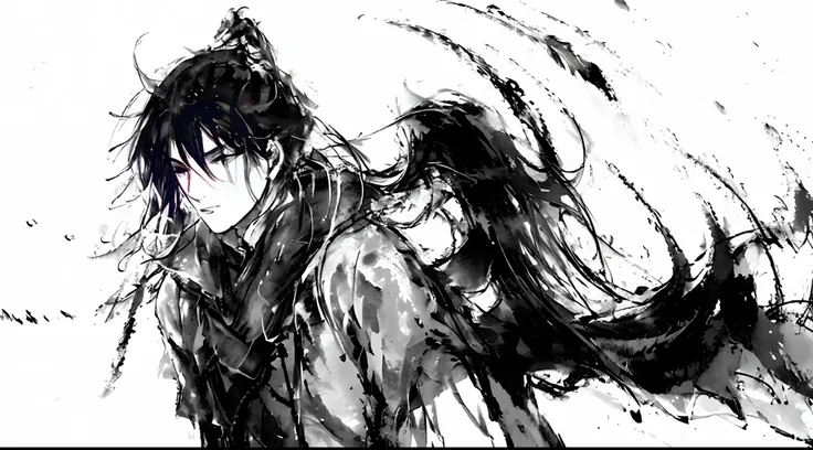 masterpiece, best quality,1boy,standing, black hair bun,cold face, upper body, (front),monochrome, greyscale, .