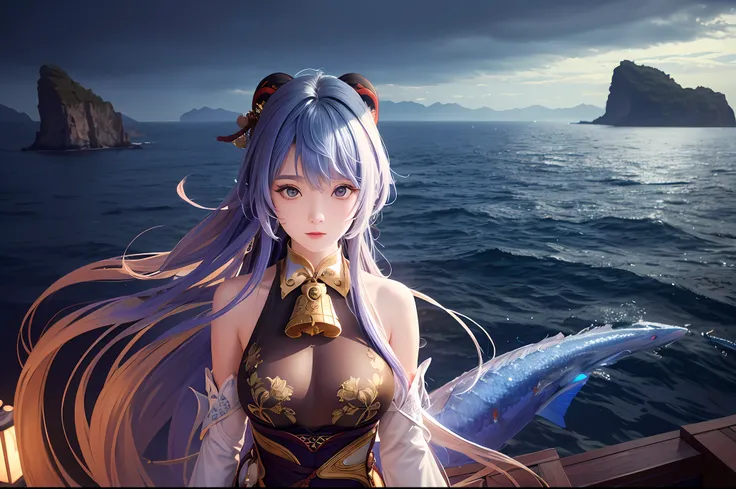 ((master piece)), (extremely detailed CG unity 8k wallpaper),best quality, illustration, beautiful detailed eyes, beautiful detailed hair, very_long_hair, 1girl, ganyu, upbody, sea,