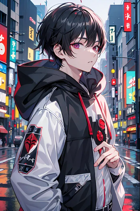 kk, best quality, more details, masterpiece, (whole body) , 1boy, kaneki ken, portrait, standing in the middle of the street,  night, male focus,  eyes, solo, bangs, looking at viewer, hood, short hair, rain, tokyo tokyo \(city\),  hood up, nail polish, black hair, luxurious, 8k, detailed, ray tracing, depth of field, cinematic lighting,
