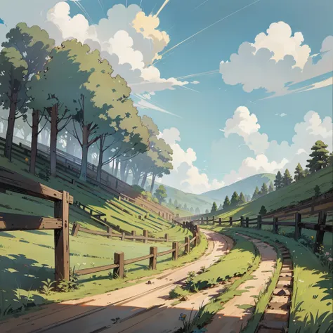 forest, terraces, clouds, wide angle, pioneer, dirt road, traveling merchant, back, go forward, wooden cane, ray tracing, comics...