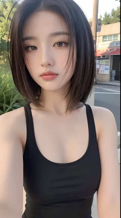 ((Best quality, 8k, Masterpiece :1.3)), Sharp focus: 1.2, Perfect Body Beauty: 1.4, Slim Abs: 1.2, ((Layered hairstyle: 1.2)), (Tank top shirt:1.1), (Street: 1.2), Highly detailed face and skin texture, Fine eyes, Double eyelids