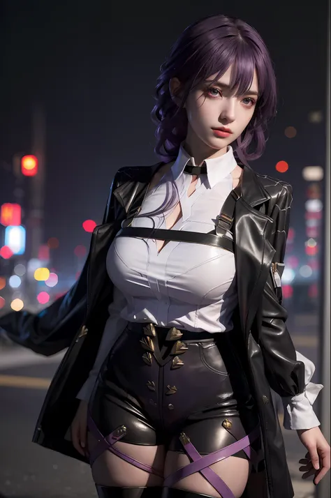 (photorealistic:1.4), raw photo, 1girl, purple eyes, purple hair, (eyewear on head), stellaron hunters outfit,  black jacket, ja...