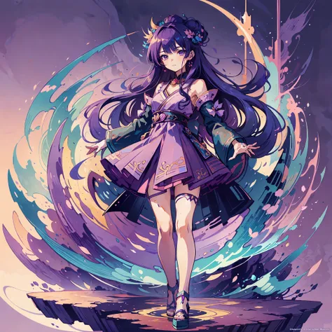 flat ilustration anime girl with long purple hair wearing a purple dress and a tiable, an anime drawing by kamagurka, pixiv, fan...