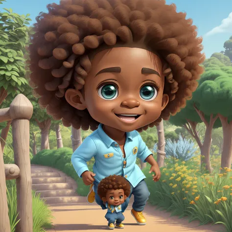 3D cartoon sticker of funny afro boy walking (sweet eyes), child smile, handsome young man, (((singing and dancing))), cute smile, chibi, Cristiano Ronaldo style, happy, big eyes, eyes of fish, affections of joy, happiness, pixar style, background blue sol...