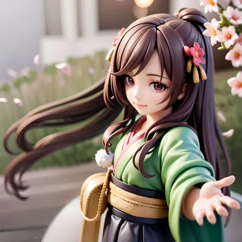 1girl, kimono,long hair, (brown hair:0.3), reaching out, dutch angle,cherry blossoms, on grass, sunlight, cute face, beautiful e...