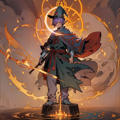 flame man, boy, with a wizard hat that emits a faint blue-purple light, a fiery red flame in his hand, fiery red, eyes closed, s...