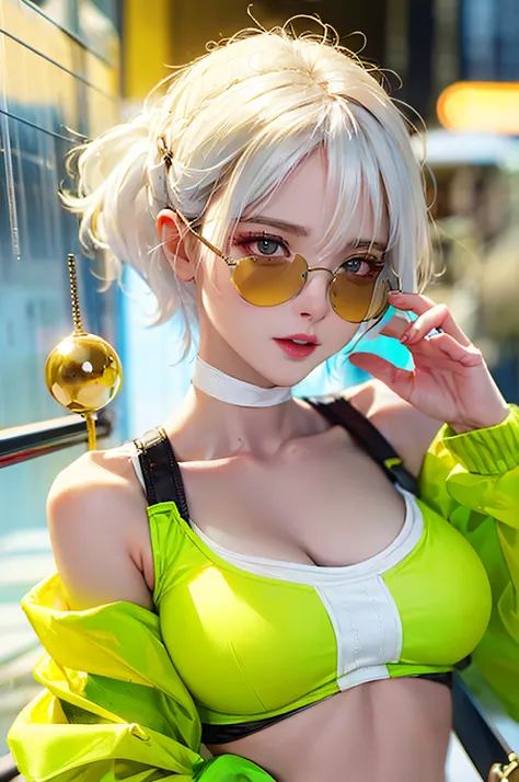 glasses, from_above, crop top of the navel top, detailed face, yellow vest with white hair, snow white skin, 1 girl, personality...