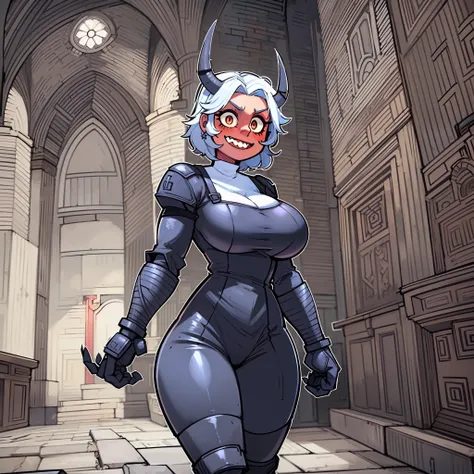 nun, demon girl, walking, bimbo, warpriesstes, silver hair, short hair, holy gauntlets, long skir