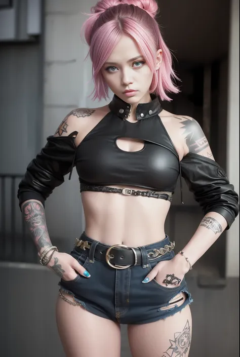 raw photo of an incredibly pretty young woman, a street punk delinquent dressed in punk-style, provocative clothes. sexy, violen...