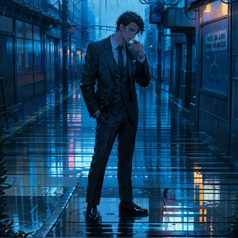 (a masterpiece), exceptional quality, in the rain, lonely, man in suit smoking (cigarette), looking up, slightly wet floor, reflection, neons." → "(a masterpiece), exceptional quality, in the rain, lonely, man in suit smoking (cigarette), looking up, sligh...