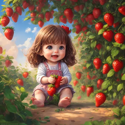 a little baby in the strawberry garden, ripe strawberries, sun, fun, dynamic light, cartoon style, 
digital painting, high quali...