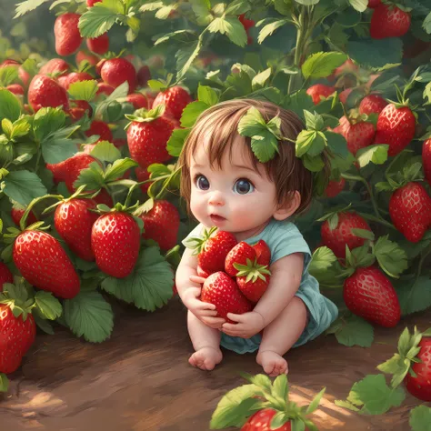 a little baby in the strawberry garden, ripe strawberries, sun, fun, dynamic light, cartoon style, 
digital painting, high quali...