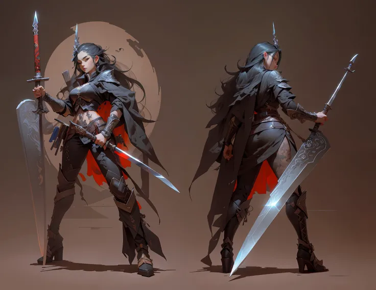 Ink style heroine, holding a huge wooden weapon, a knife in one hand, super high quality, 8K, game setting, concept design, original art, front and back views of the same character